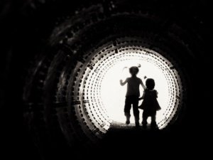 image edited for contrast of girls in tunnel ready for converting photo to svg